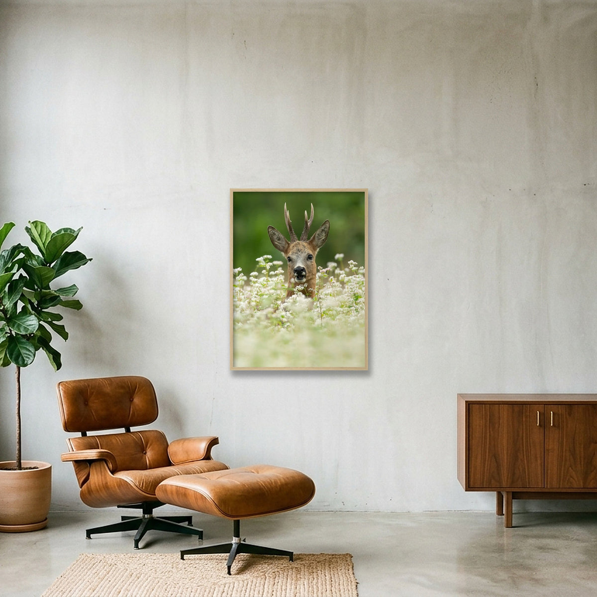 Roe Deer between the flowers — 60×80cm, 24×31" Oak Frame
