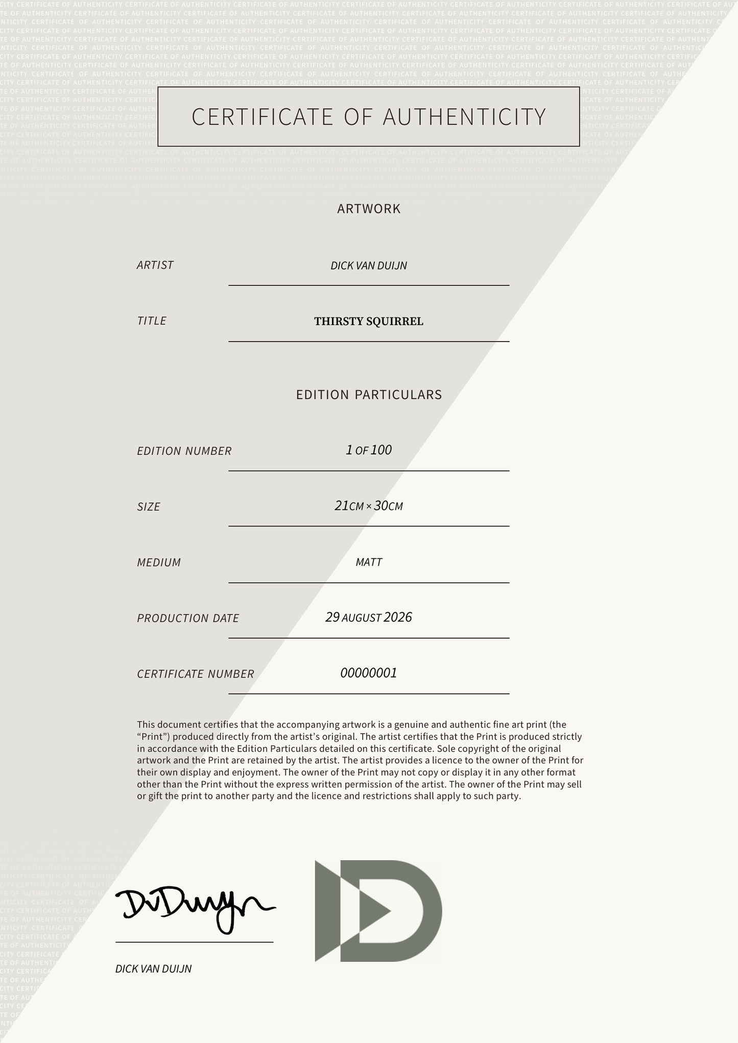 Thirsty Squirrel — Certificate of Authenticity