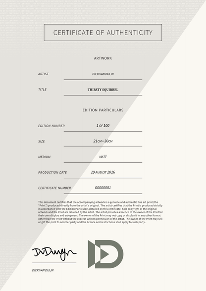 Thirsty Squirrel — Certificate of Authenticity